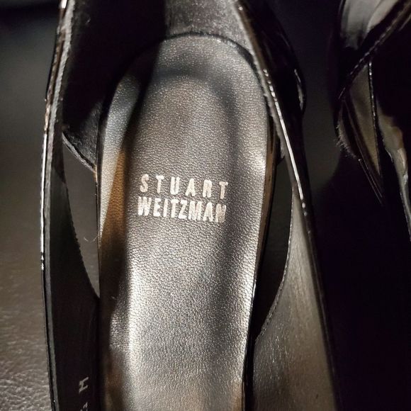 STUART WEITZMAN Belmont Peep-Toe Wedge Heel Black Patent Leather Size 9.5 - Picture 7 of 9